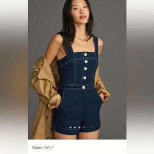 NWOT Anthropologie Navy Button-Front Denim Romper